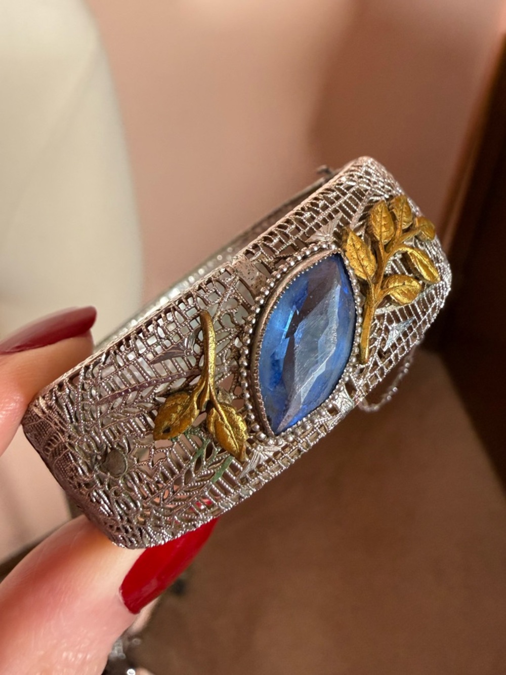 Antique 1920’s Art deco Silver Filagree Pale blue Marquee Glass Wide Bracelet - Picture 3 of 17